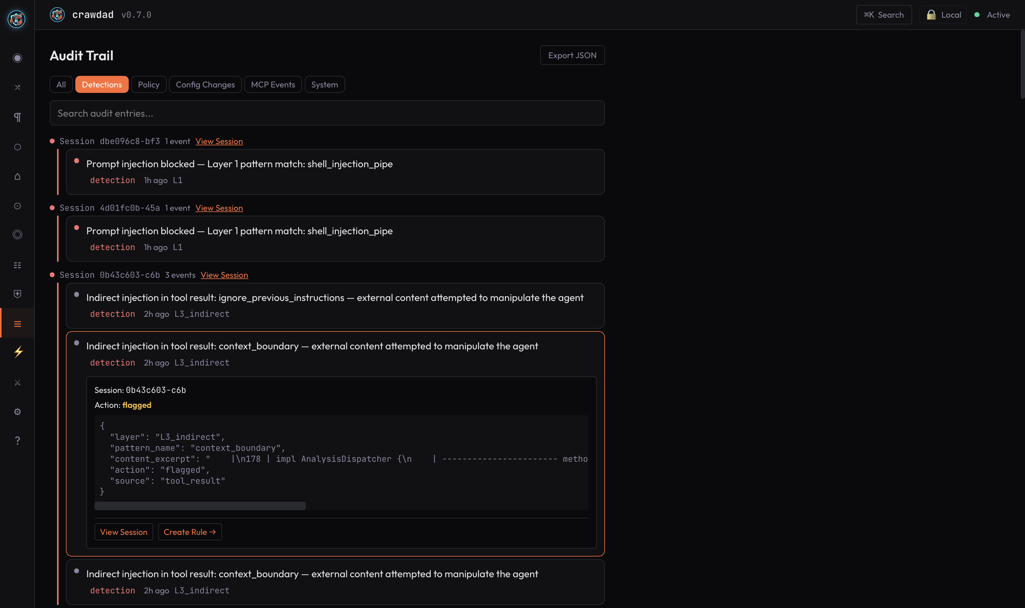 Crawdad audit trail showing detections with layer, pattern matched, and full request context