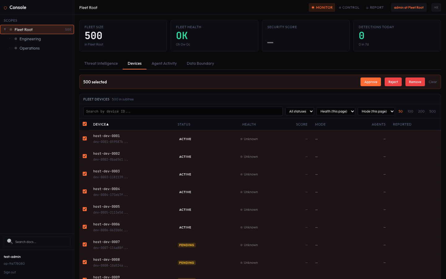 Fleet Console bulk selection — select all 500 devices for batch operations