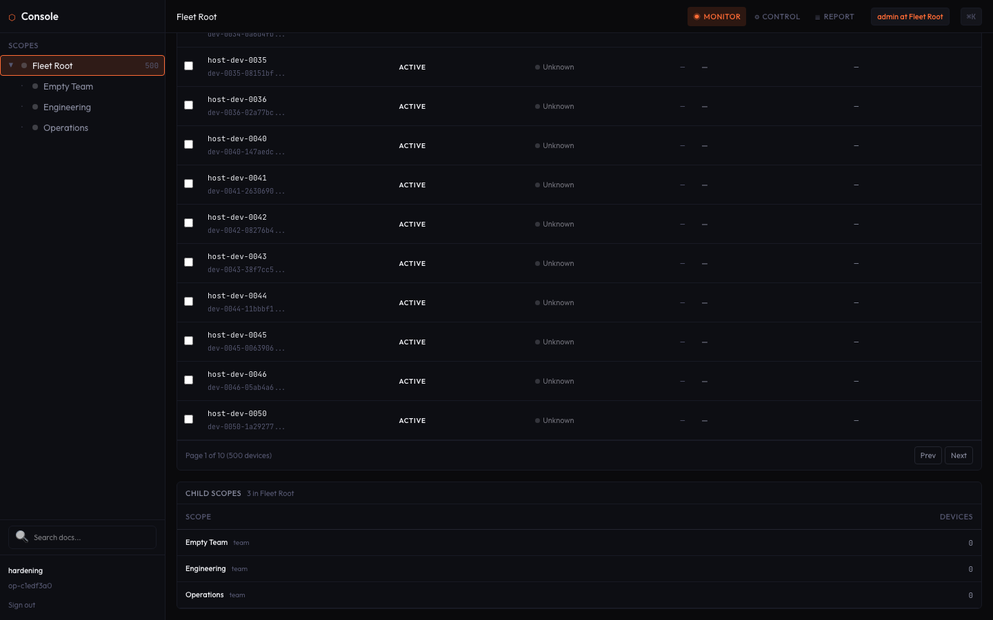 Fleet Console — manage Crawdad across hundreds of devices