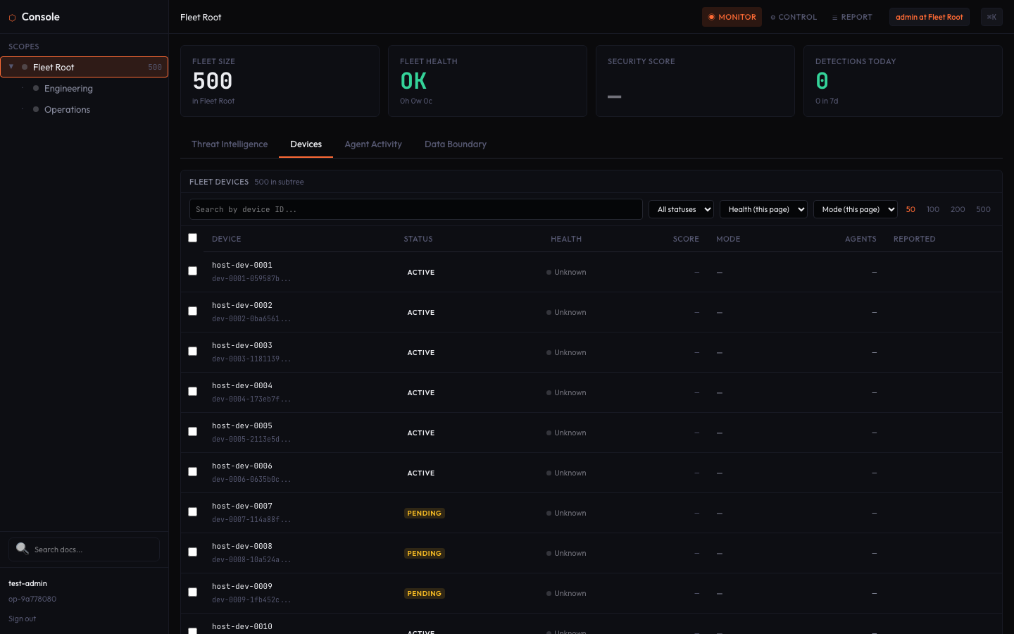 Fleet Console showing 500 devices with per-device status, pagination, and sorting