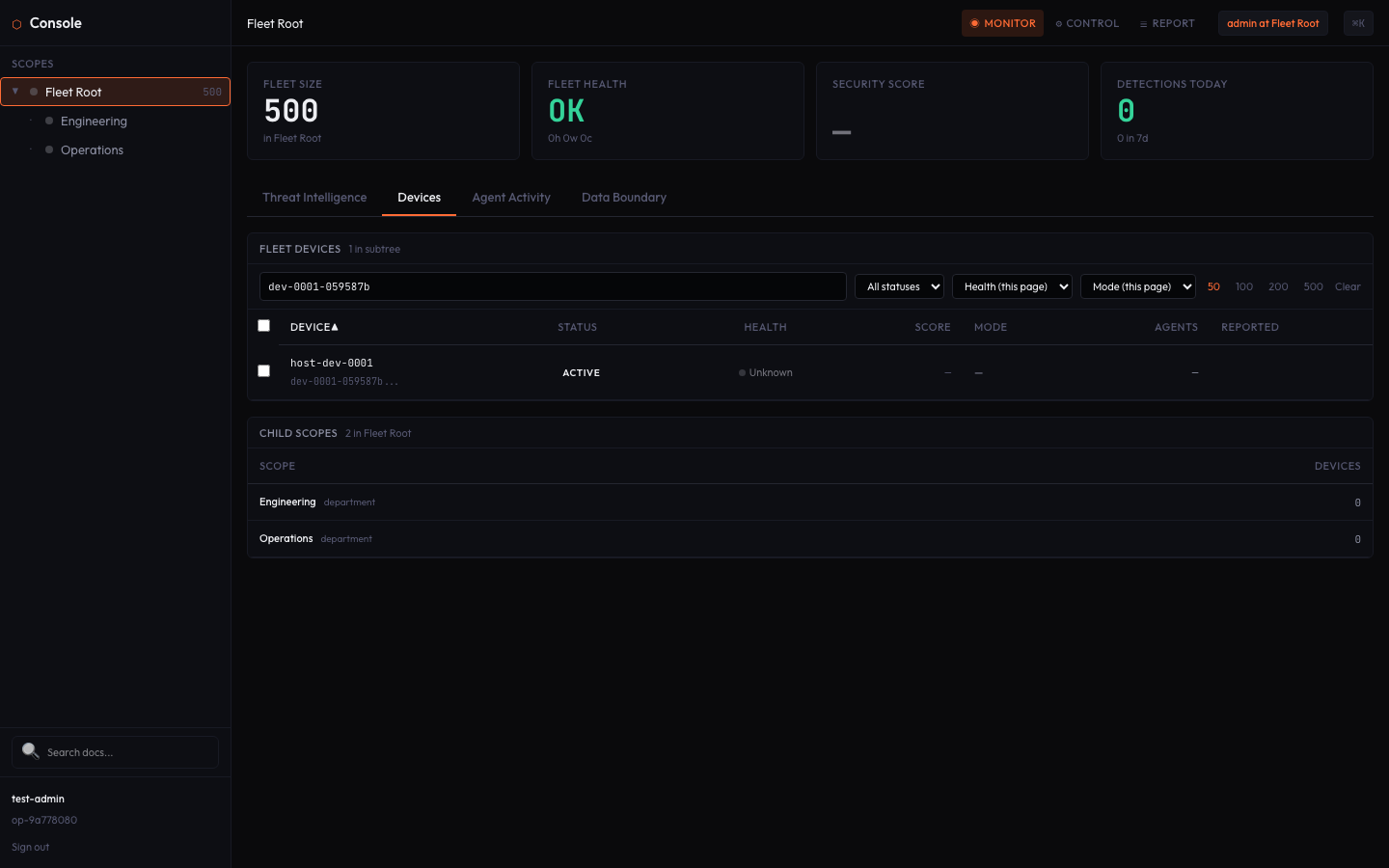 Fleet Console search — find devices by hostname or status