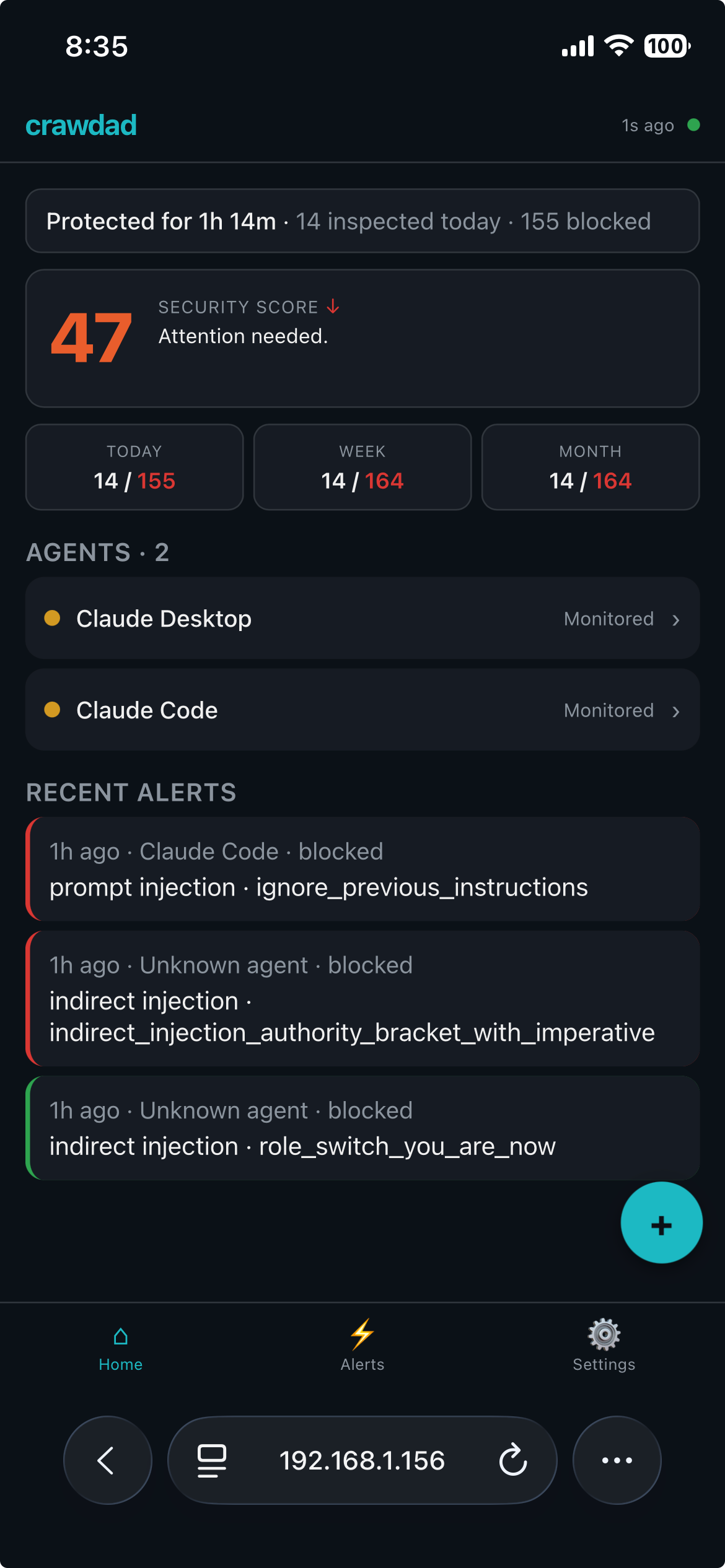 Mobile home screen showing health bar, security score, and agent list