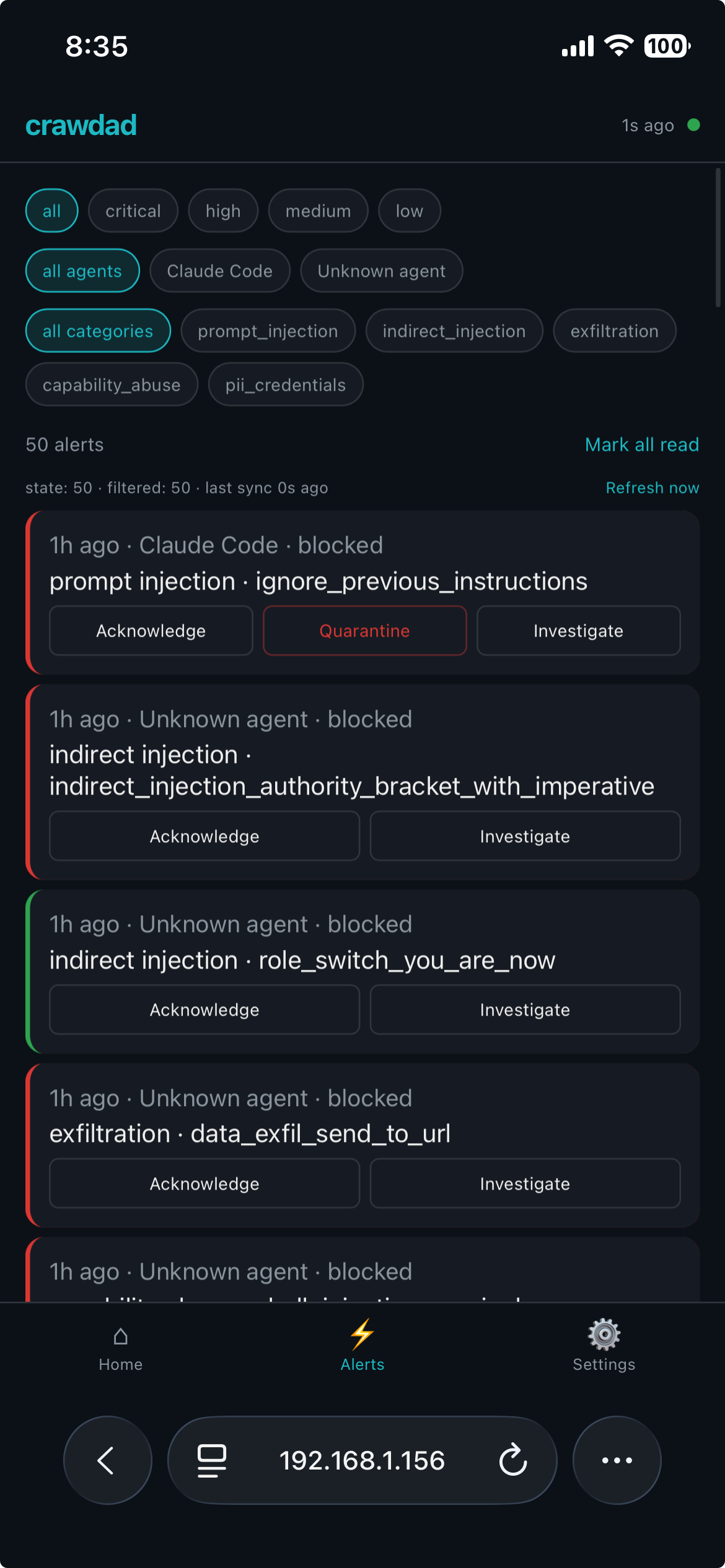 Mobile investigate modal showing detection metadata only — no prompts or content